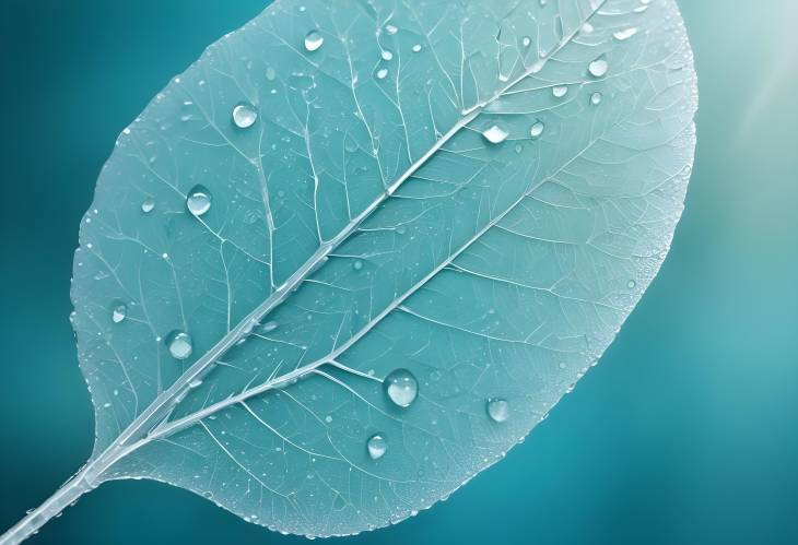 Artistic White Skeleton Leaf with Dew Drops on Turquoise Background with Glass and Bokeh