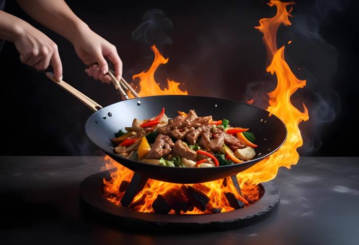 Asian Food Wok Cooking with Fire Flames