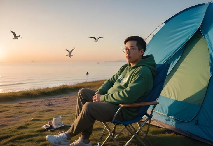 Asian Traveler Enjoying the Sea View from a Camping Chair Morning Relaxation by the Tent