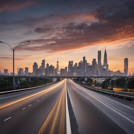 Asphalt Road and Bridge Against a Glowing City Skyline at Sunset Urban Beauty Captured