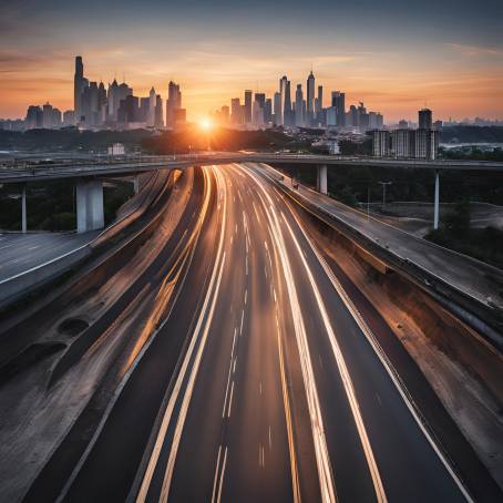 Asphalt Road and Bridge Leading to the City Skyline A Captivating Sunset Scene