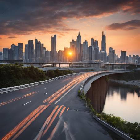 Asphalt Road and Bridge with a City Skyline at Sunset Urban Serenity and Beauty