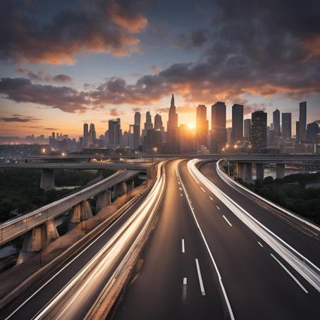 Asphalt Road and Bridge with City Skyline Sunsets Golden Glow on the Urban Horizon