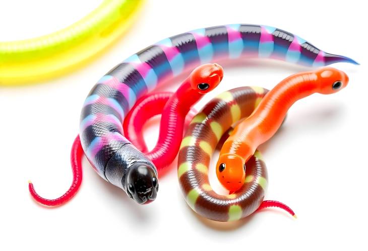 Assorted Colorful Jelly Worms and Snakes Isolated on White Sweet Candy Fun