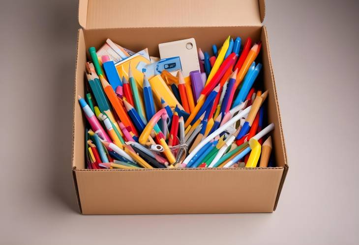 Assorted Educational Supplies in Cardboard Box on Neutral Background Perfect for Charitable Donation