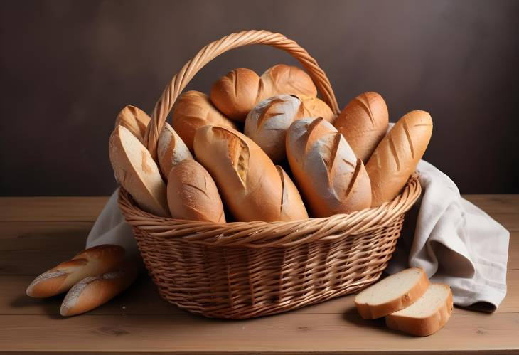 Assorted Fresh Breads in Wicker Basket on Wooden Table top