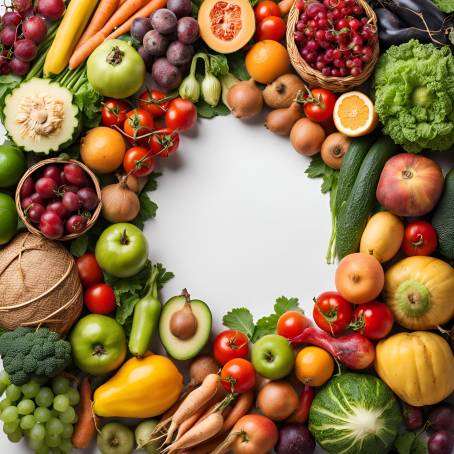 Assorted Healthy Fruits and Vegetables in Basket Studio Image on White Background, Top View