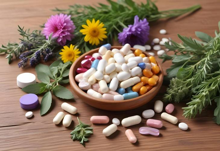 Assorted Pills, Herbs, and Flowers on Wooden Table, Closeup of Dietary Supplements and Natural