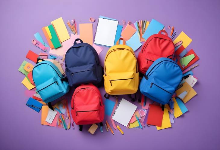 Assorted School Backpacks with Stationery on Bright Background, Top Down View