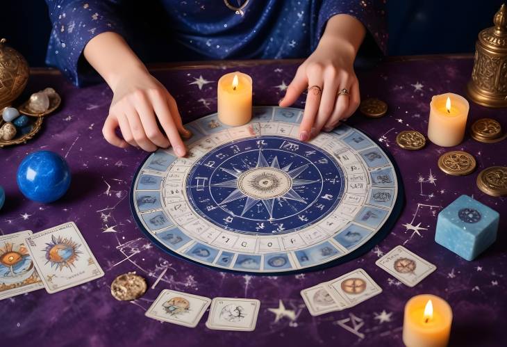 Astrologer Making Fate Forecast with Tarot Cards and Crystal Ball. Esoteric Magic and Astrology