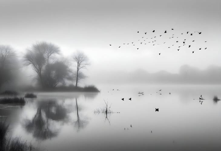 Atmospheric Black and White Photo of Birds in Misty Waters