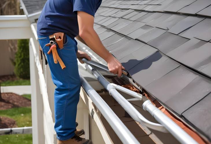 Attaching Gutters and Down Spouts Aluminum Rain Gutter Installation on Residential Roof