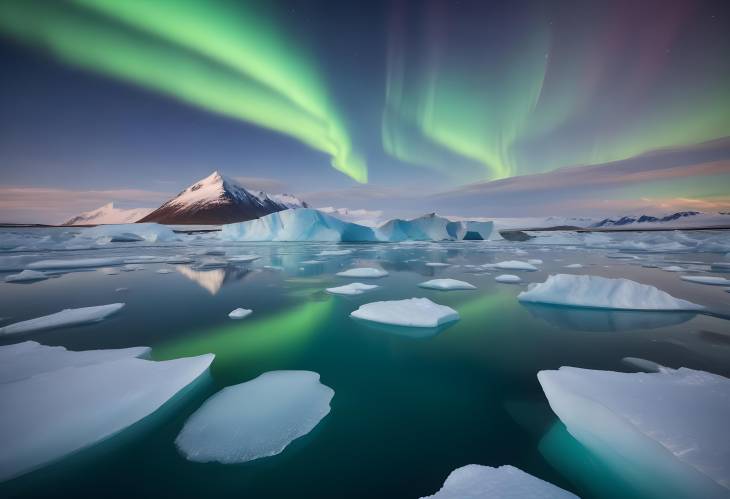 Aurora Borealis and Icebergs at Jokulsarlon Lagoon, Iceland Majestic Nightscape