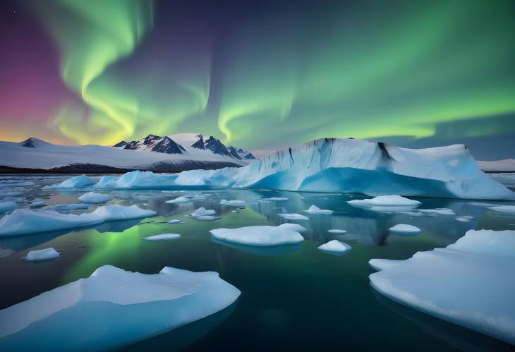 Aurora Borealis and Icebergs Illuminate Jokulsarlon Lagoon in Iceland