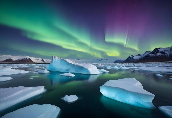 Aurora Borealis and Icebergs in Jokulsarlon Glacial Lagoon, Iceland Night Photography