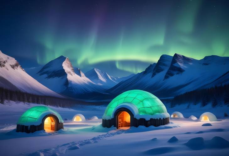 Aurora Borealis and Snowy Igloo Winter Mountains Illuminated by Glowing Polar Lights