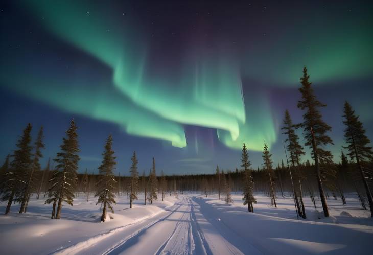 Aurora Borealis Display Over Winter Arctic Landscape in Lapland, Northern Lights Spectacular