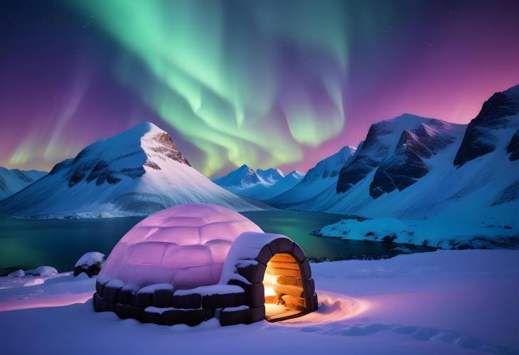 Aurora Borealis Illuminating Snowy Igloo and Winter Mountains with Glowing Polar Lights