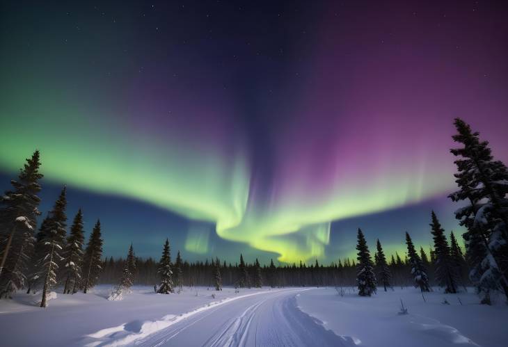 Aurora Borealis in Lapland Winters Northern Lights Over Arctic Sky and Snowy Landscape