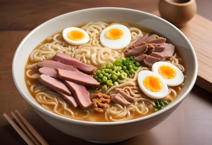 Authentic Ramen Japanese Noodle Soup with Savory Broth, Meat, Eggs, and Vegetables