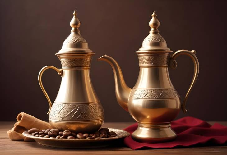 Authentic Saudi Dallah and Arabic Coffee Pot with Dates on Luxurious Table