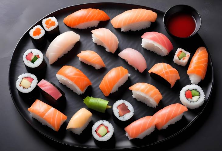 Authentic Sushi Set Nigiri and Rolls in Black Sushioke Plate