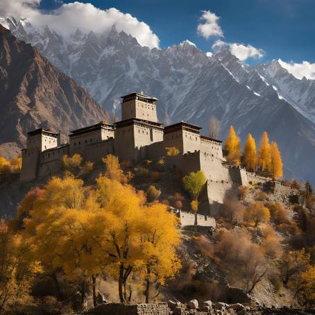 Autumn at Baltit Fort Karimabad Surrounded by Peaks and Forest in Hunza Valley, Pakistan