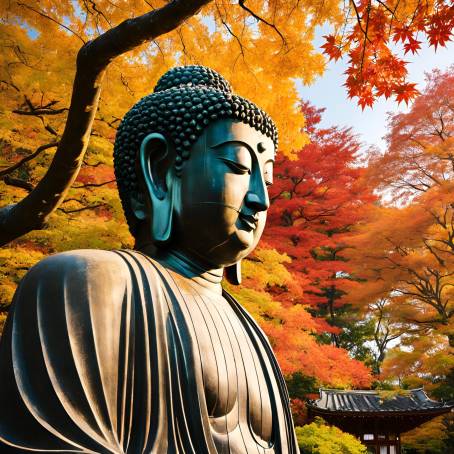 Autumn at Kotoku in The Great Buddha Daibutsu and Maple Leaves in Kamakura, Japan