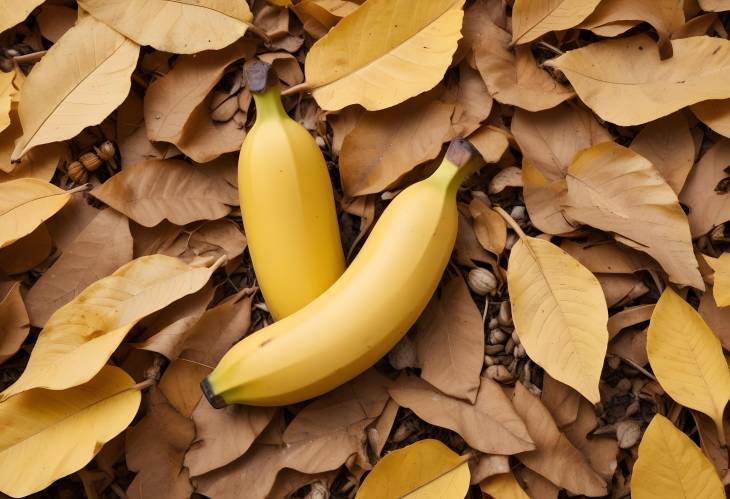 Autumn Banana Among Dry Brownish Yellow Leaves Close Up of Tropical Fruit and Seasonal Foliage