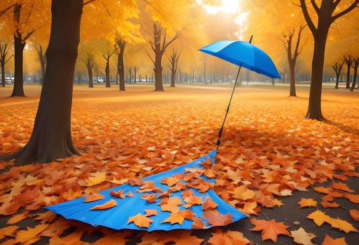 Autumn Elegance Blue Umbrella Against a Carpet of Golden Orange Leaves