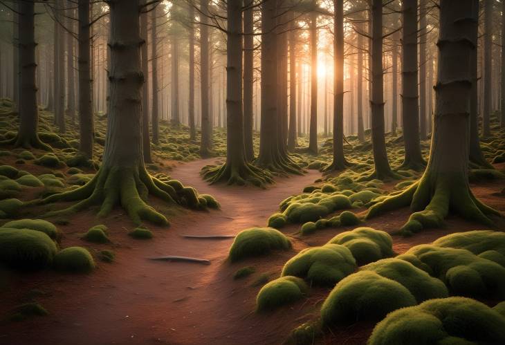 Autumn Forest Path Sunset Light Filtering Through Yew and Pine Trees