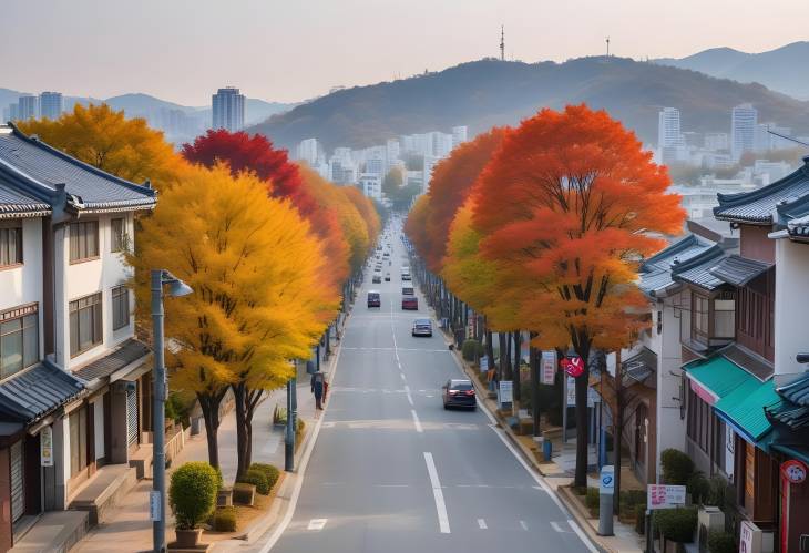 Autumn in Gwangju  Vibrant Fall Colors on City Streets, South Korea