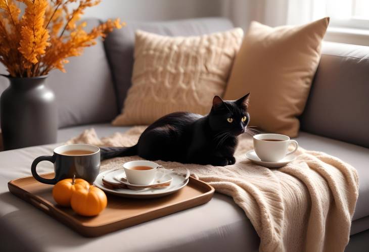 Autumn Living Room Details Black Cat on Sweater, Tea Cup on Tray, Breakfast by Sofa