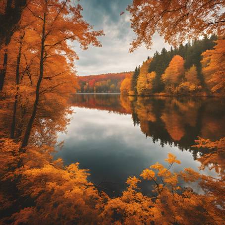 Autumn Magic Lake Surrounded by Golden Leaves and Colorful Forest