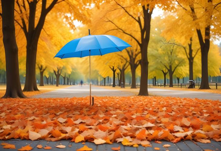 Autumn Park Scene Orange Leaves, Blue Umbrella, and Sunlit Fallen Leaves