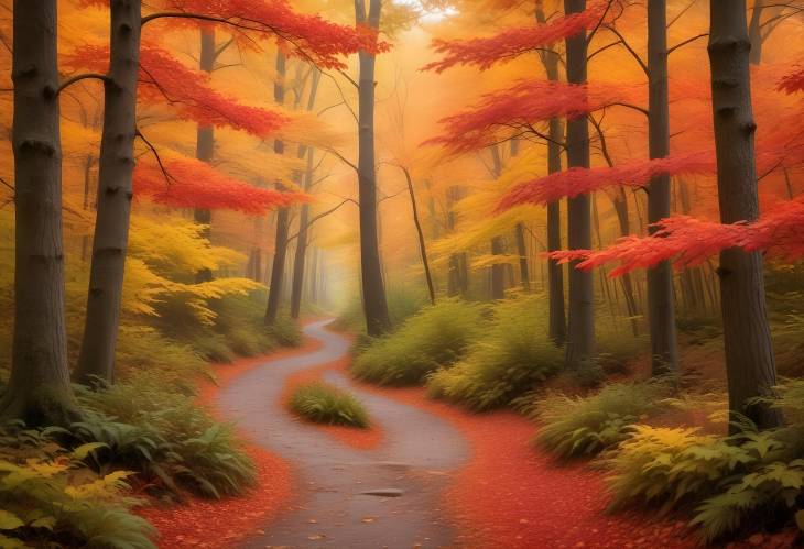 Autumn Path and Fiery Fall Colors Serene Walk Through Peaceful Forest