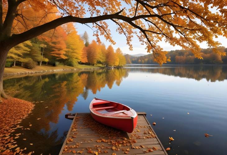 Autumn Reflections Paddle Boat and Footprints on a Lake Surrounded by Fall Leaves