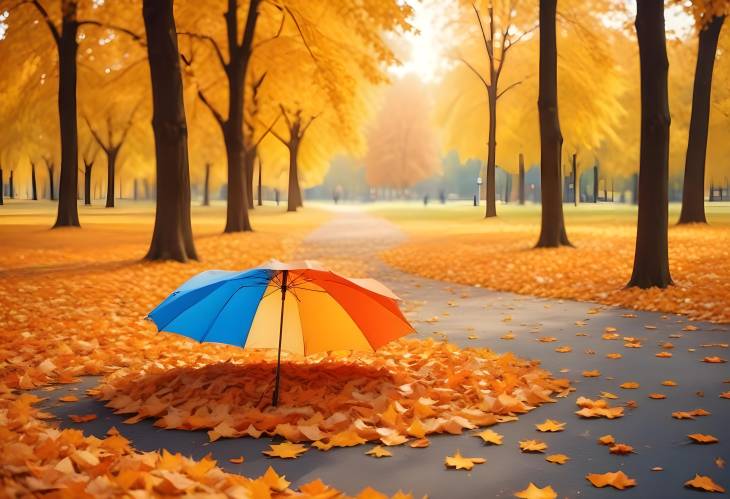 Autumn Serenity Blue Umbrella and a Sea of Orange Leaves Under the Sun