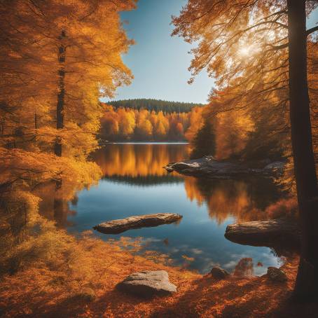 Autumn Serenity Golden Lake View Surrounded by Colorful Forest