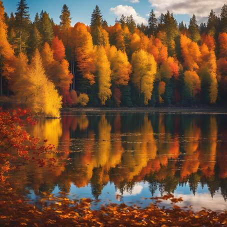 Autumn Splendor Lake View with Vibrant Colors and Golden Leaves