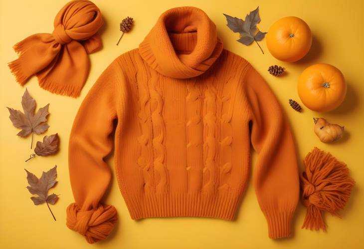 Autumnal Knitted Orange Sweater and Scarf Cozy and Stylish on a Yellow Background