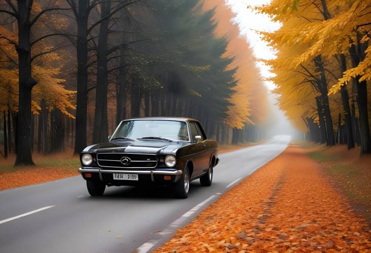 Autumns Embrace A Black Car Navigating a Road Lined with Vibrant Fall Colors