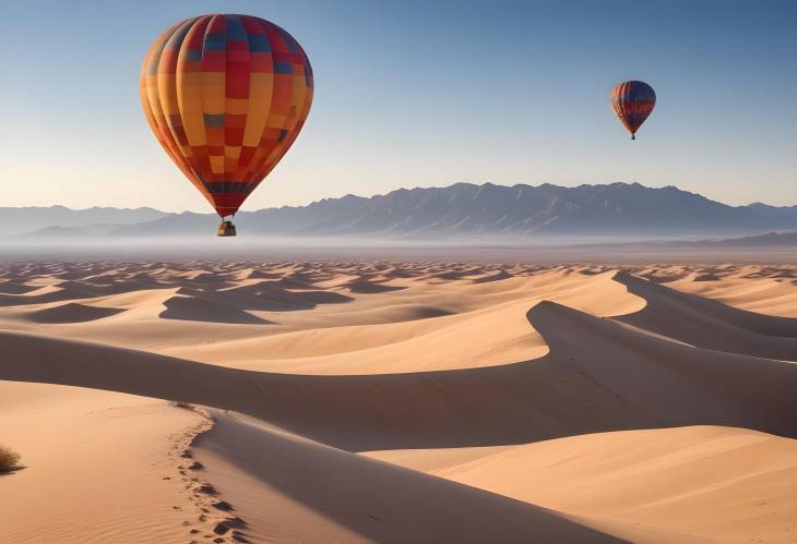 AweInspiring Desert Landscape with Towering Sand Dunes, Blue Sky, and Hot Air Balloon on the Horiz