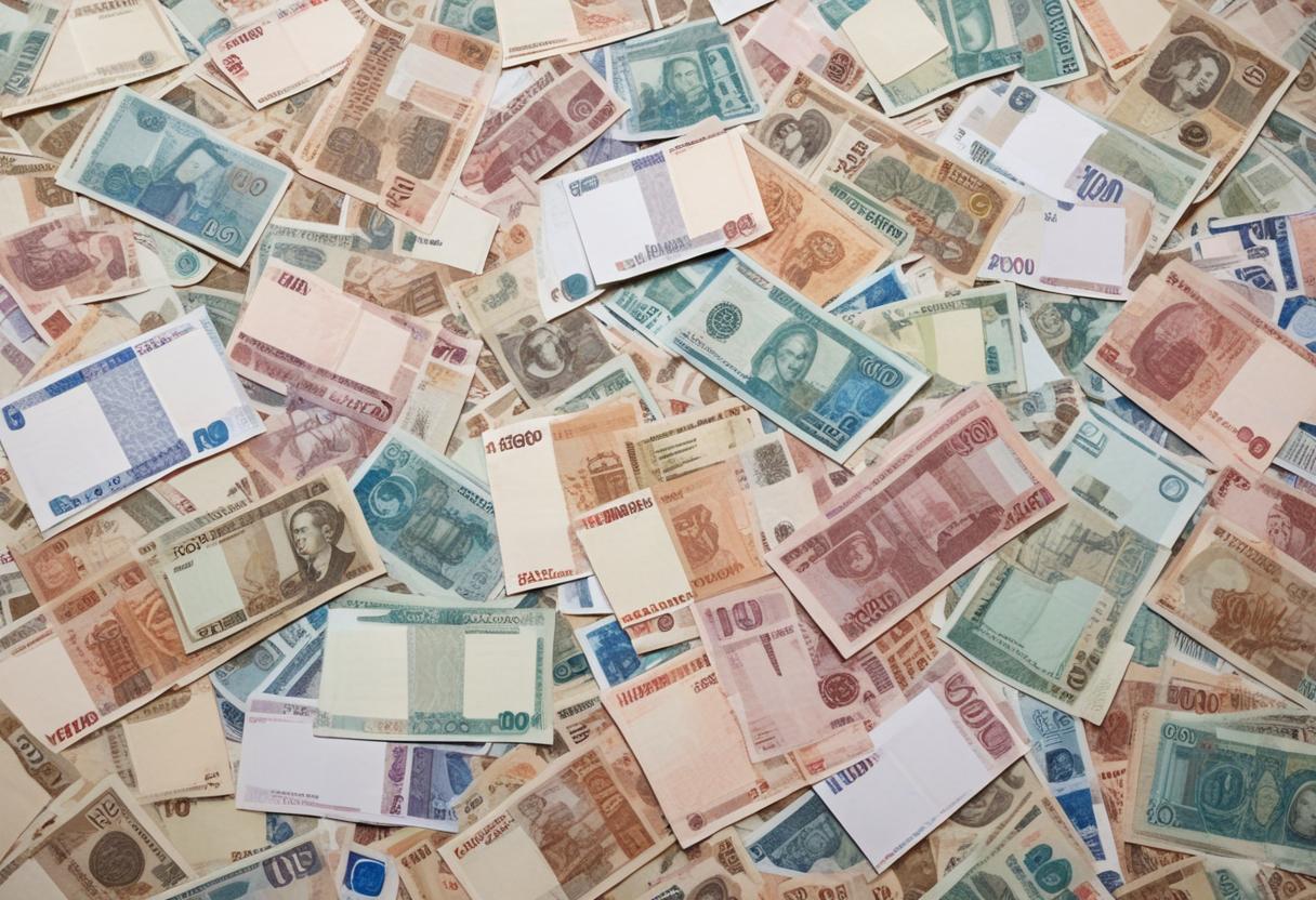 Background of Russian Ruble Banknotes 100, 500, 1000, 2000, and 5000 Rubles