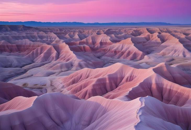 Badlands at Dawn Vibrant Pink and Purple Skies and Rugged Landscape