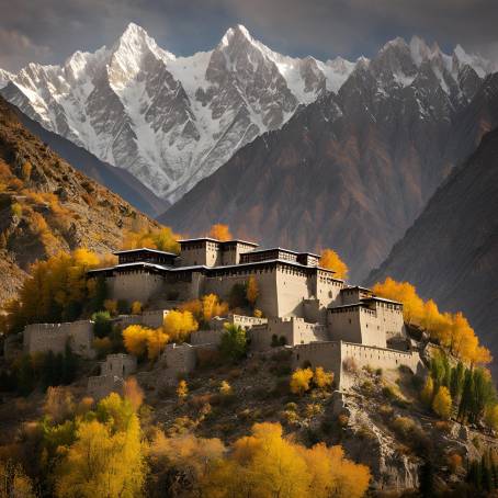 Baltit Fort in Autumn Karimabad with Forest and Mountain Peaks in Hunza Valley, Pakistan