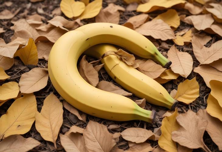 Banana Nestled Among Dry Brownish Yellow Leaves Autumn Colors Highlight Tropical Fruit