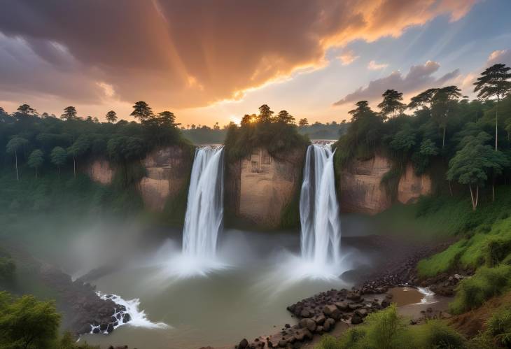 Basaseachic Waterfall Panoramic View with Pine Forest, Monumental Falls, and Sunset Clouds