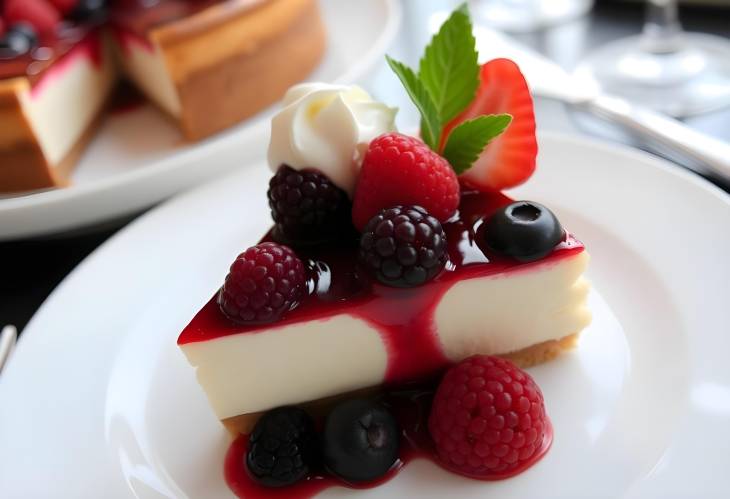 Basque burnt cheesecake slice with berries, a popular and rich San Sebastian dessert