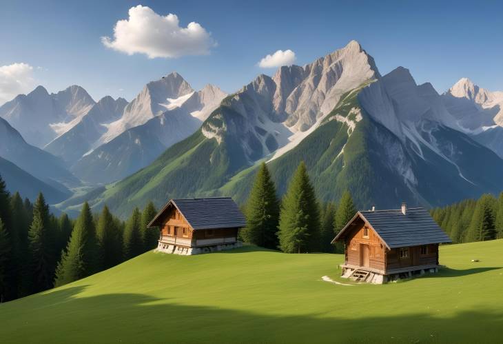 Bavarian Alps Mountain Hut and Meadow Landscape with Karwendel Peaks and Blue Sky